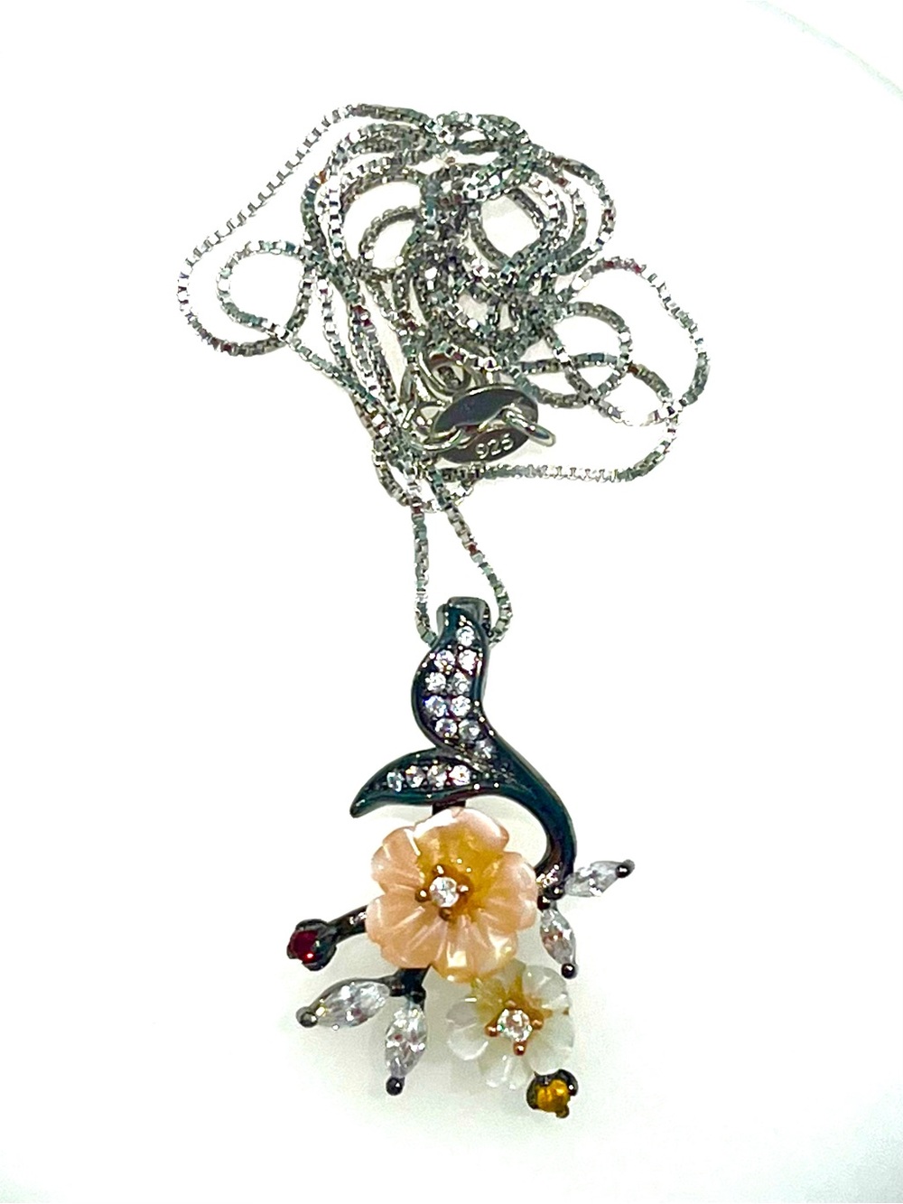 Sterling Silver Flower Pendant Necklace with Peach and White Accents